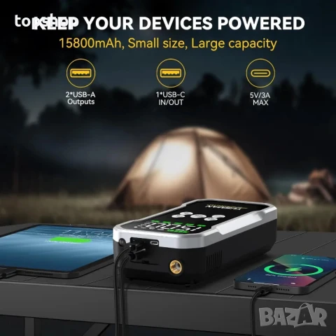 НОВ, ТЕСТВАН, ПЕРФЕКТЕН YUSMAN F03 5000A Джъмп стартер, jump starter + компресор за помпане на гуми, снимка 7 - Аксесоари и консумативи - 50556776