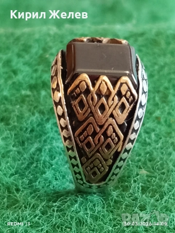 Мъжки сребърен пръстен инкрустиран с камък черен ТУРМАЛИН странична орнаментика 41533, снимка 4 - Пръстени - 54026294