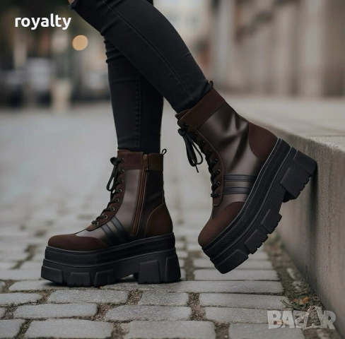 Боти на платформа - кафяво с черно