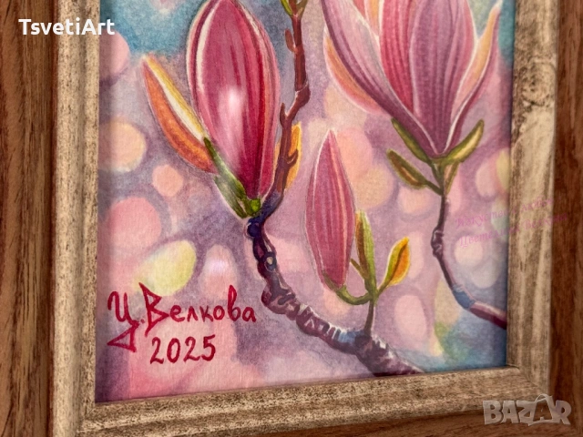 Оригинална картина – магнолии – акварел – идея за подарък, снимка 6 - Картини - 53877627