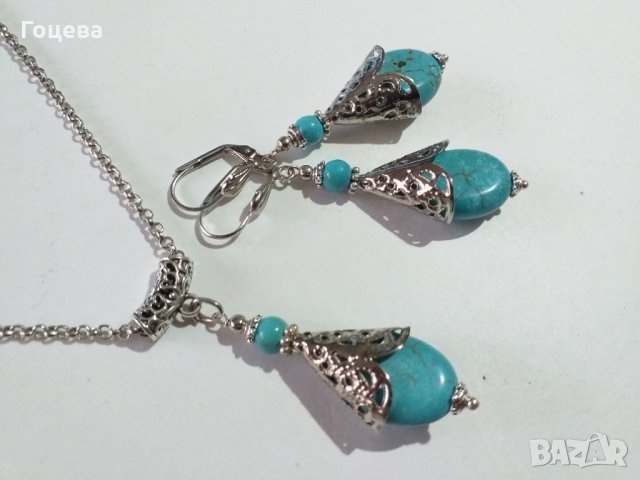 Разкошен комплект бижута Викториански стил с голям Тюркоаз и орнаменти в цвят Сребро 