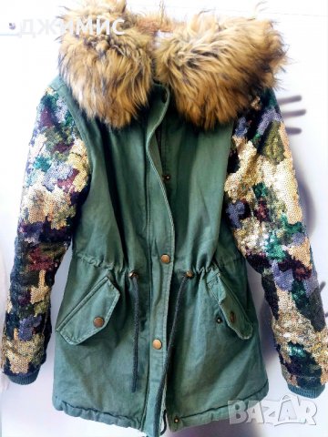 Красиво детско яке, ръкав паети, качулка естествен косъм