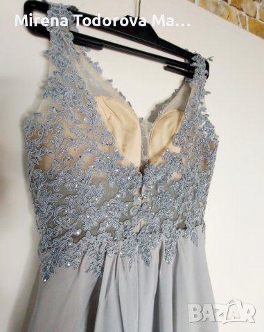 Абитуриентскa рокля. А-силует къса мини шифонова рокля за завръщане с V-образно деколте и мъниста. E, снимка 5 - Рокли - 36671584