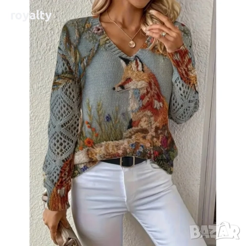 Есенна плетена блуза с щампа Fox, снимка 2 - Блузи с дълъг ръкав и пуловери - 52157559