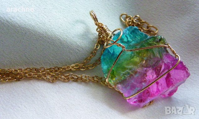 Позлатено сребърно колие с голям бразилски "динен" турмалин, снимка 4 - Колиета, медальони, синджири - 42808775