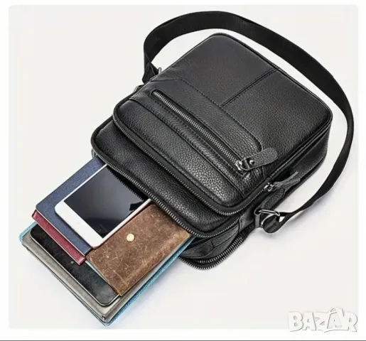 Мъжка луксозна и практична кожена чанта /Черна телешка естест. кожа!, снимка 13 - Чанти - 50022436