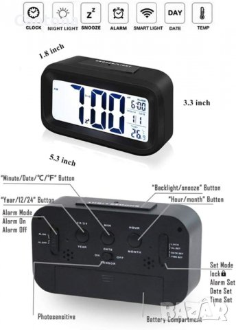 Arespark 5,3" LCD цифров алармен часовник, температура, дата, нощна светлина, дрямка, снимка 2 - Друга електроника - 37735326