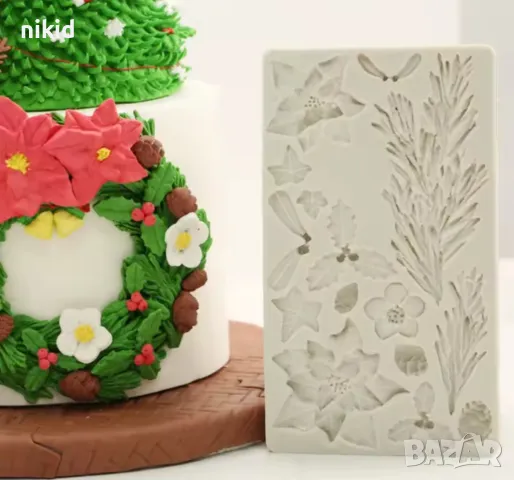 Голям Коледен коледна звезда борови клони клонки имел бръшлян силиконов молд форма фондан торта, снимка 6 - Форми - 26581746