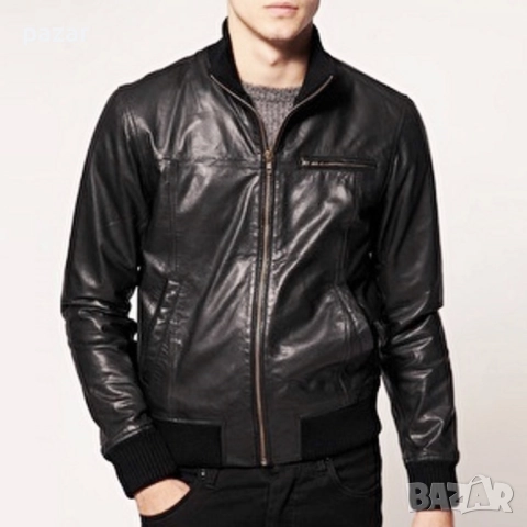 JACK & JONES Мъжко Кожено Яке Бомбър Естествена Кожа Плетена Яка M