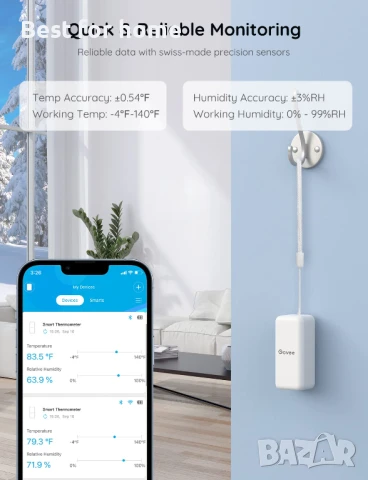 Govee H5100 комплект от 3 броя, мини Bluetooth сензори за температура и влажност, снимка 4 - Друга електроника - 50503148
