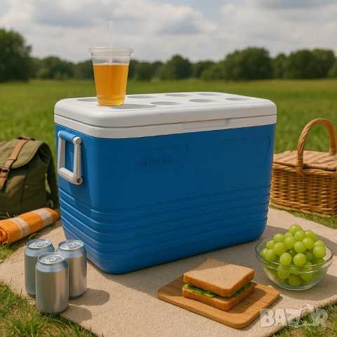 Хладилна кутия Atlantic 60L, пасивна, синя, с поставки за чаши, снимка 4 - Друга електроника - 52137403