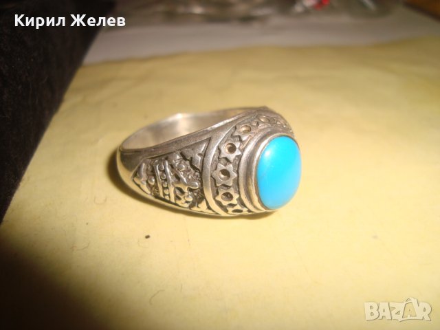 СРЕБЪРЕН ТЮРКОАЗЕН ОРНАМЕНТИРАН РЪЧНО ПРЪСТЕН СРЕБРО 925 ЮВЕЛИРНА СТАРА МАЙСТОРСКА ИЗРАБОТКА 14507, снимка 8 - Пръстени - 33737126