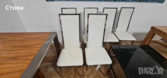 Бели кожени трапезни столове - 6 броя, снимка 6 - Столове - 52826330