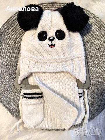 Зимен комплект шапка, шал и ръкавички 0-18м, снимка 3 - Бебешки шапки - 42819137