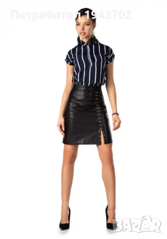 Елегантна блуза Ouranila в тъмносин цвят на бели райета, снимка 3 - Корсети, бюстиета, топове - 48045465