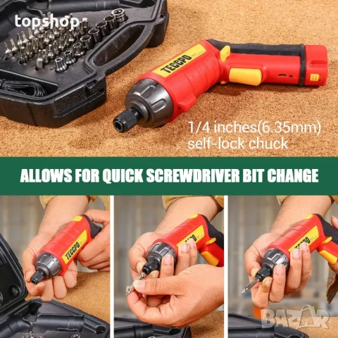 НОВ В куфарче акумулаторен винтоверт TECCPO, 2000mAh, с 45 бр. аксесоари, с LED, USB акумулаторна, снимка 3 - Винтоверти - 50493276