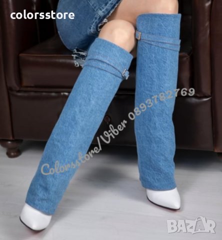 Ботуши на ток - деним и бяла кожа - KD100, снимка 2 - Дамски ботуши - 40572229