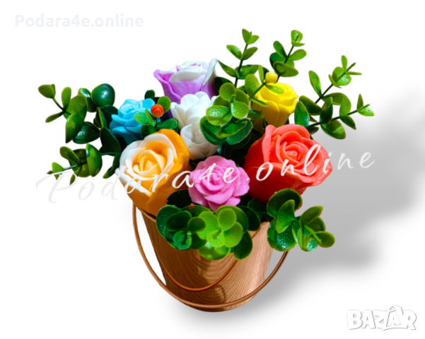 Букет от ароматни сапунени цветя в стилна метална кофичка Подходящ подарък за Осми Март, снимка 5 - Подаръци за рожден ден - 44624155