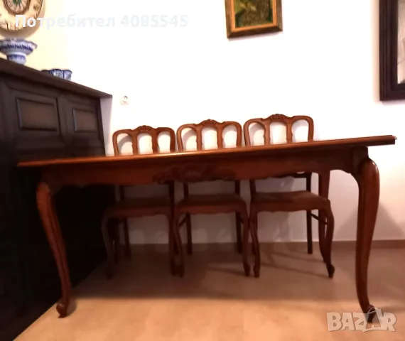 Трапезна маса, разтегателна, от масив, в комплект с 6 стола