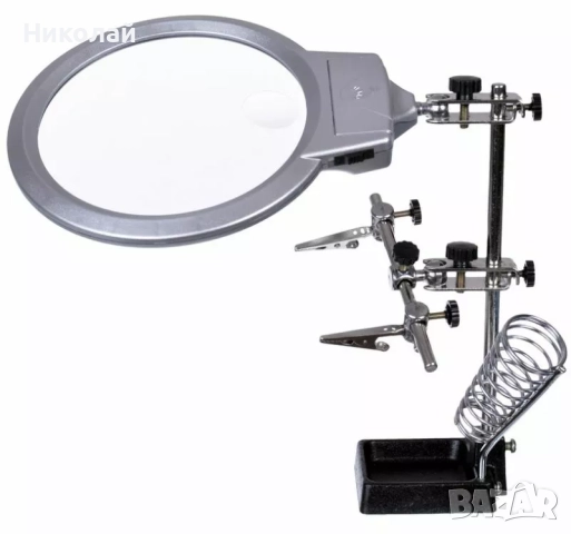 Държач за платки и поялник MG16129-A с LED подсветка и двойна лупа, снимка 2 - Друга електроника - 52334309