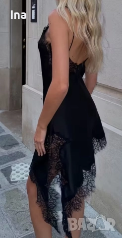 Рокля черна сатенена с дантела, снимка 3 - Рокли - 52192879