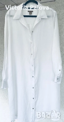 Бяла ленена рокля-риза H&M, снимка 3 - Рокли - 51109805