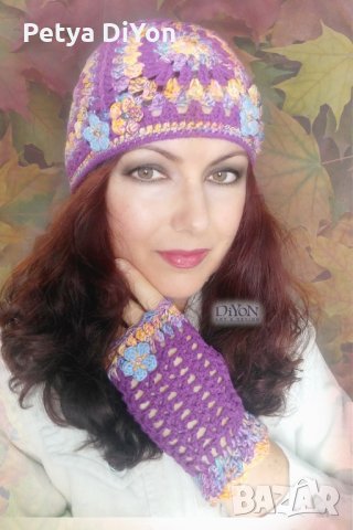 Ръчно плетени дамски ръкавици, лилаво, снимка 2 - Ръкавици - 31872231