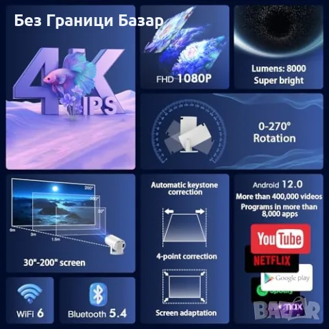 Нов HD мини проектор 1080P 4K WiFi Bluetooth 260 ANSI 200" въртяща стойка, снимка 5 - Плейъри, домашно кино, прожектори - 55957156