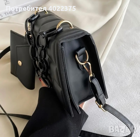 Черна кожена чанта с ефектна дръжка, снимка 2 - Чанти - 44656938