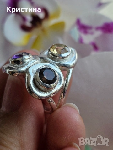 Красив сребърен пръстен с Цитрин, Аметист и Раухтопаз, снимка 2 - Пръстени - 54234774