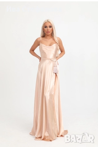 Нова дълга официална парти коктейлна екрю бежова рокля сатен сатенена дизайнер Дидо Георгиев , снимка 10 - Рокли - 50042834