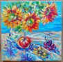 Картина с маслени бои "Слънчогледите и морето "