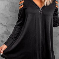 Дамска блуза в черно с дълъг ръкав и деколте с цип, снимка 1 - Блузи с дълъг ръкав и пуловери - 44382621