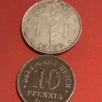 Две монети 1 франк 1923г. Белгия/ 10 пфенинг 1916г. Германия редки за КОЛЕКЦИОНЕРИ 32021, снимка 1 - Нумизматика и бонистика - 44319181