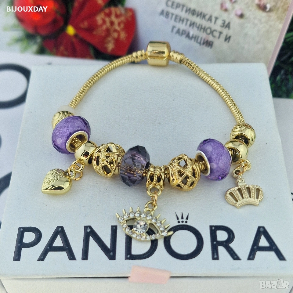 гривна pandora с лилави камъни и око за защита от медицинска стомана с 18 карата златно покритие, снимка 1