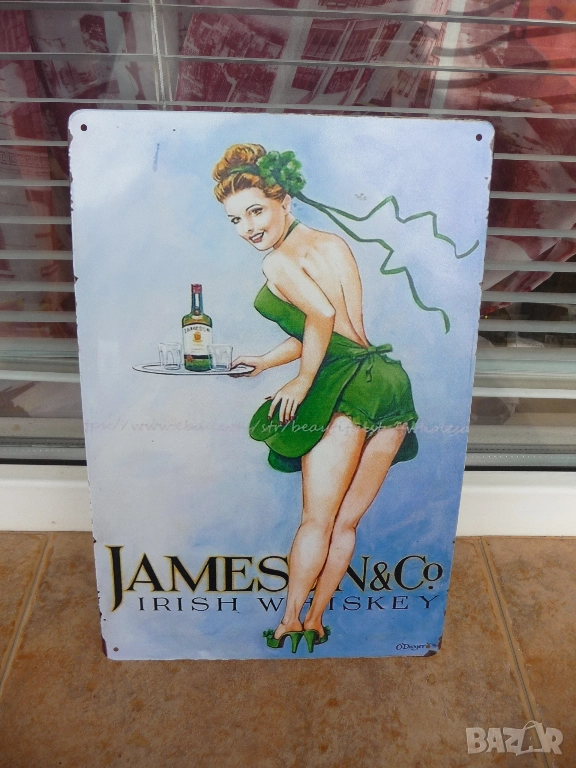 Метална табела алкохол Jameson Irish Whiskey Джеймисън уиски ирландско момиче сервира секси бутилка , снимка 1