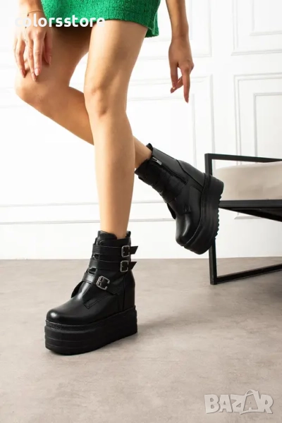 Боти на платформа - черна кожа - BML40 , снимка 1