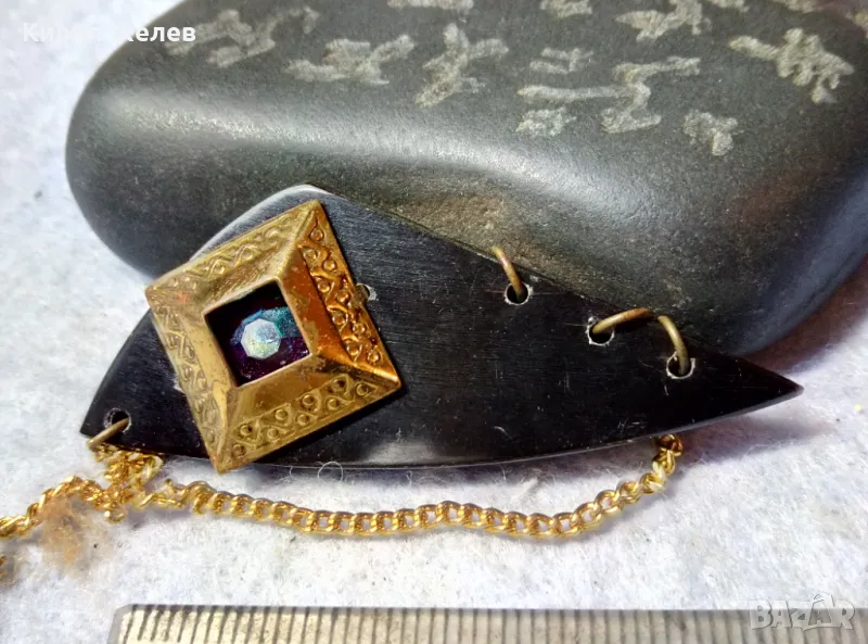 Стара РЕТРО АР НУВО СТИЛ ПОЗЛАТЕНА СКЪПОЦЕННА БРОШКА от РОГ РЪЧНА МАЙСТОРСКА ИЗРАБОТКА 39263, снимка 1