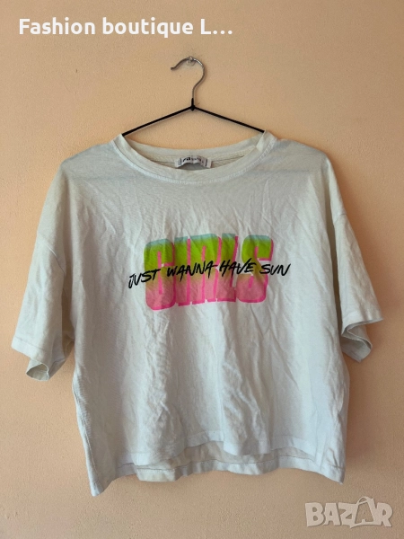 Бяла памучна тениска L размер с надпис Girls just wanna have fun 🤍🩷💚, снимка 1