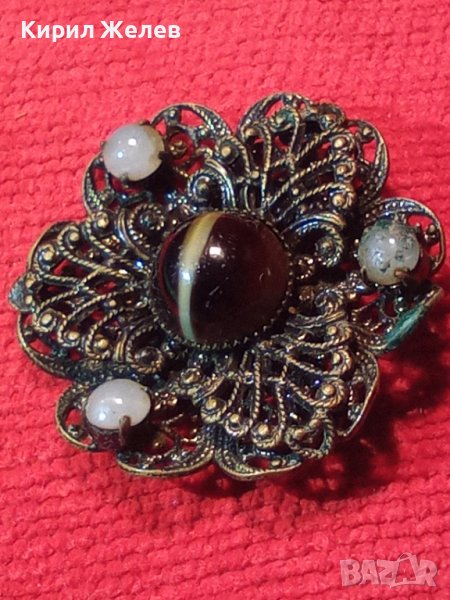 СТАРИННА БРОНЗОВА ФИЛИГРАННА БРОШКА с ЯСПИС и ПЕРЛИЧКИ АРТ ДЕКО 1921, снимка 1