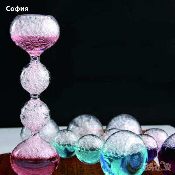 Елегантен стъклен, цветен таймер – тип „пясъчен часовник“  с мехурчета, снимка 1