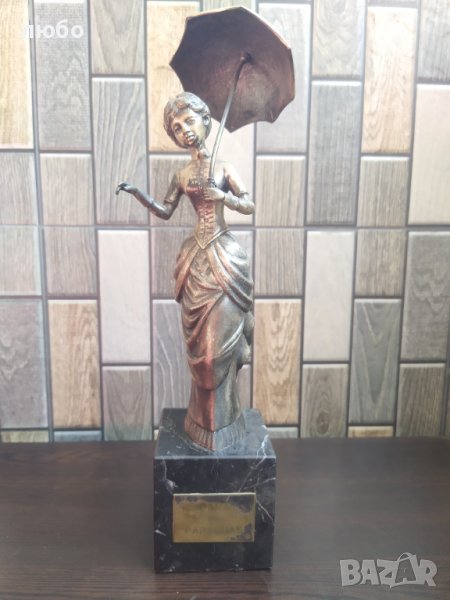Бронзова Скулптура във Сребърно Покритие-Дамата със Чадъра 19 Век Испания , снимка 1