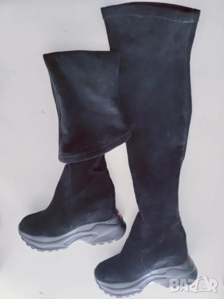 Черни велурени ботуши чорап, снимка 1