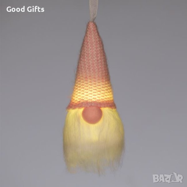 LED Светещ коледен гном с розова шапка и бяла брада, 15см, снимка 1