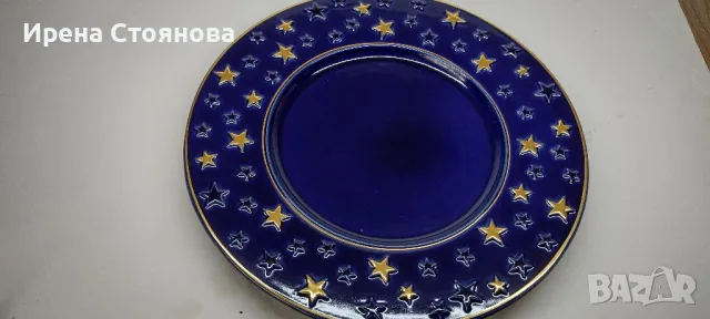 Керамично плато в кобалтово синьо, златен кант и коледен мотив. Ръчно рисувана златна декорация, снимка 2 - Декорация за дома - 47834933
