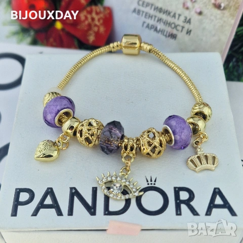 гривна pandora с лилави камъни и око за защита от медицинска стомана с 18 карата златно покритие