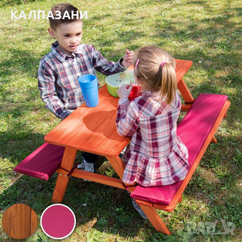 Градински Комплект GINGER HOME, Детска Маса за Пикник с Пейки и Меки Възглавници, Дървен, 89х79х50 с, снимка 8 - Други - 44670157
