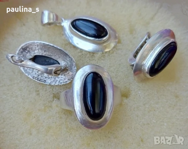 Два броя / Винтидж сребърен комплект с Пейзажен яспис и оникс / проба 925 , снимка 12 - Бижутерийни комплекти - 38291520