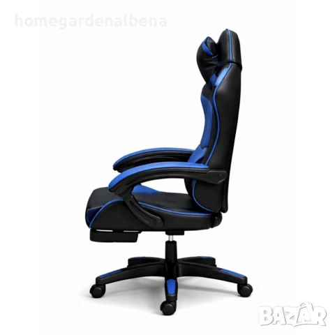 Геймърски стол с масажна функция и поставка за крака – ергономичен, черно-син, снимка 6 - Столове - 54118376