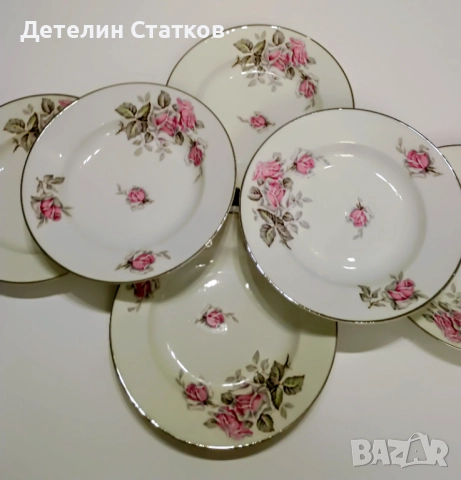 6 бр. порцеланови чинии 23 см. с флорален декор и сребрист кант, снимка 6 - Сервизи - 52239578